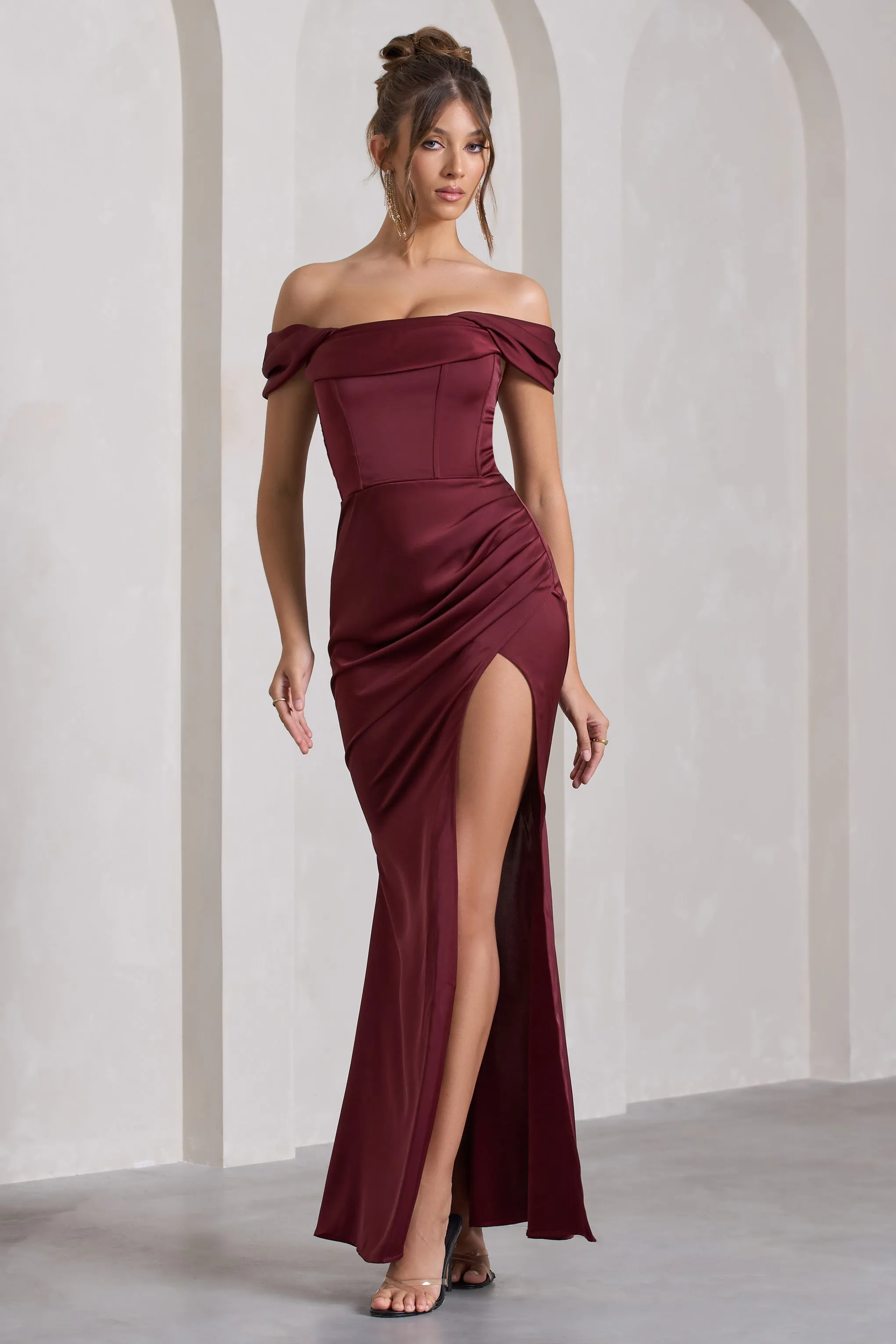 Kimberly | Burgundy Bardot Fishtail Satin Maxi Dress sold by Club L London