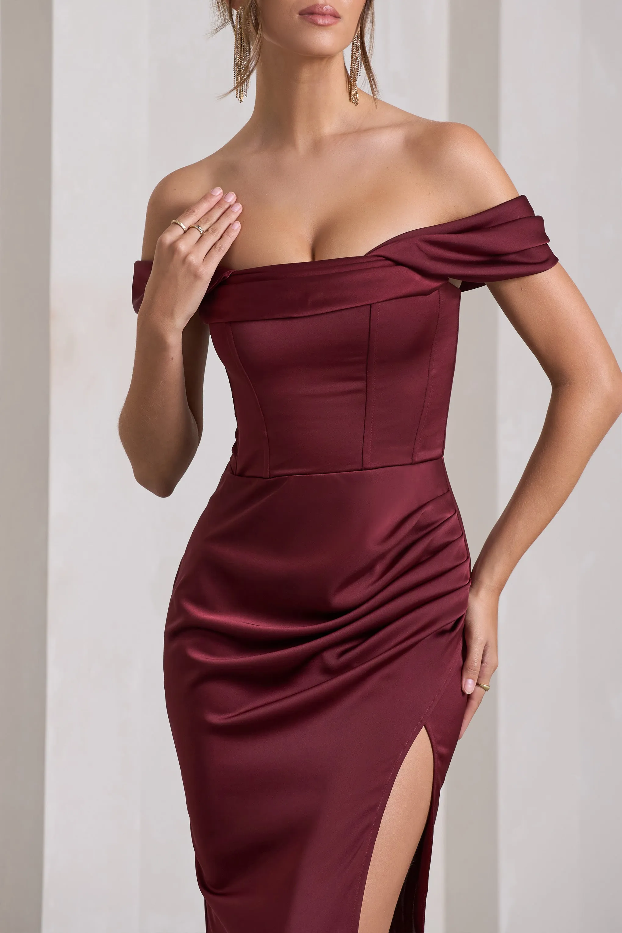 Kimberly | Burgundy Bardot Fishtail Satin Maxi Dress sold by Club L London product image thumbnail 3