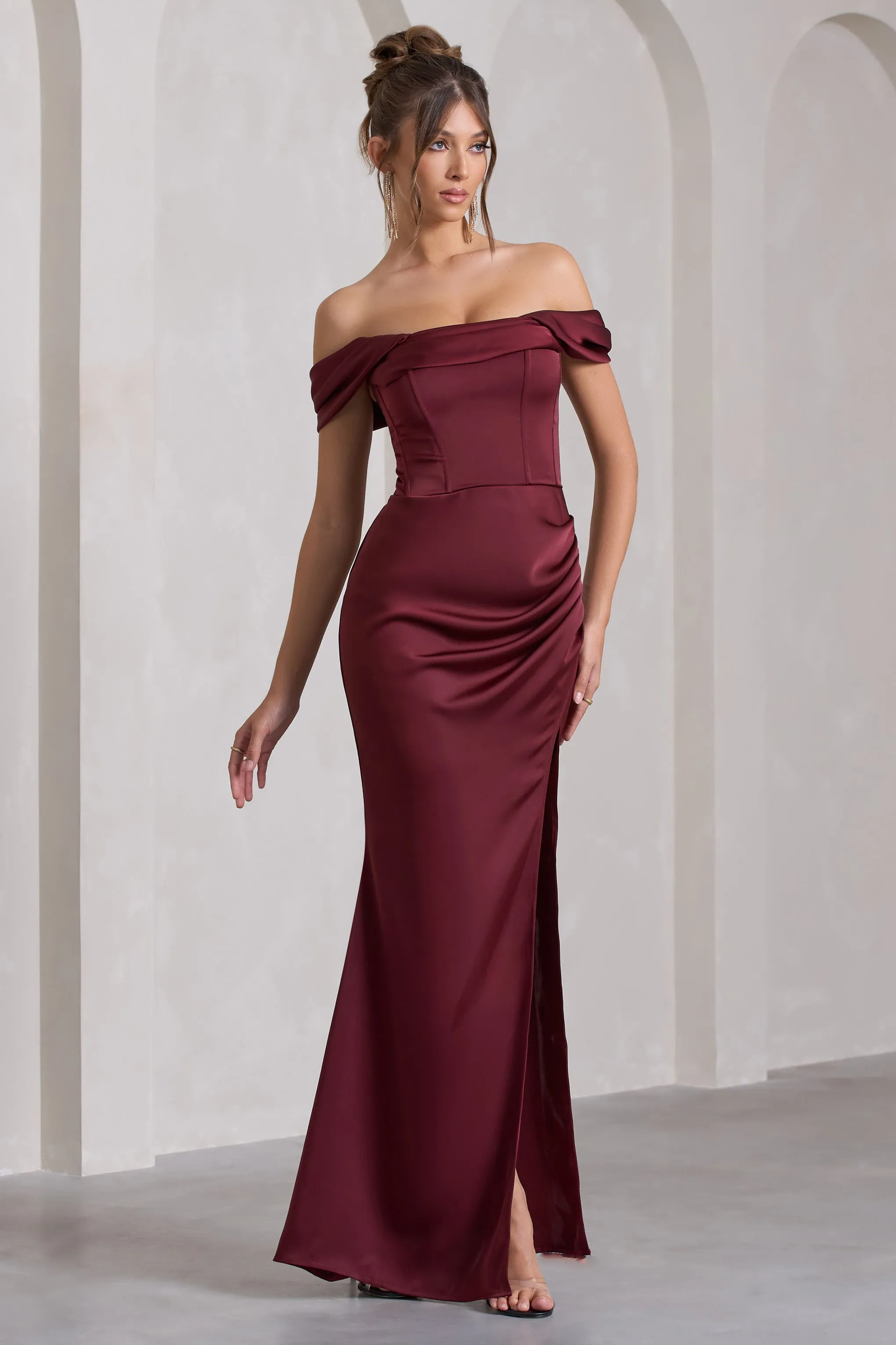 Kimberly | Burgundy Bardot Fishtail Satin Maxi Dress sold by Club L London product image thumbnail 4