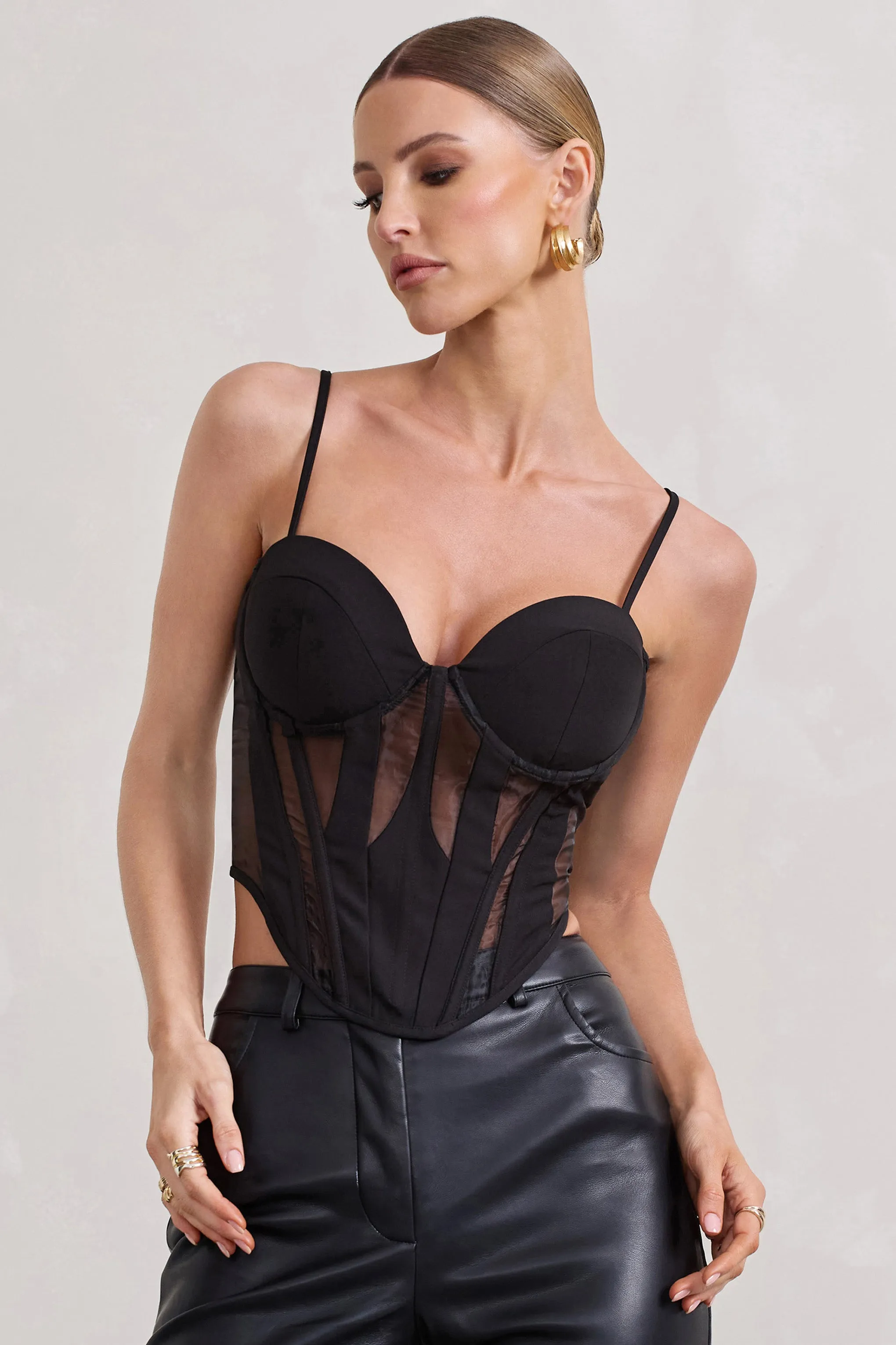 Electra | Black Mesh Panelled Strappy Corset Top sold by Club L London product image thumbnail 2