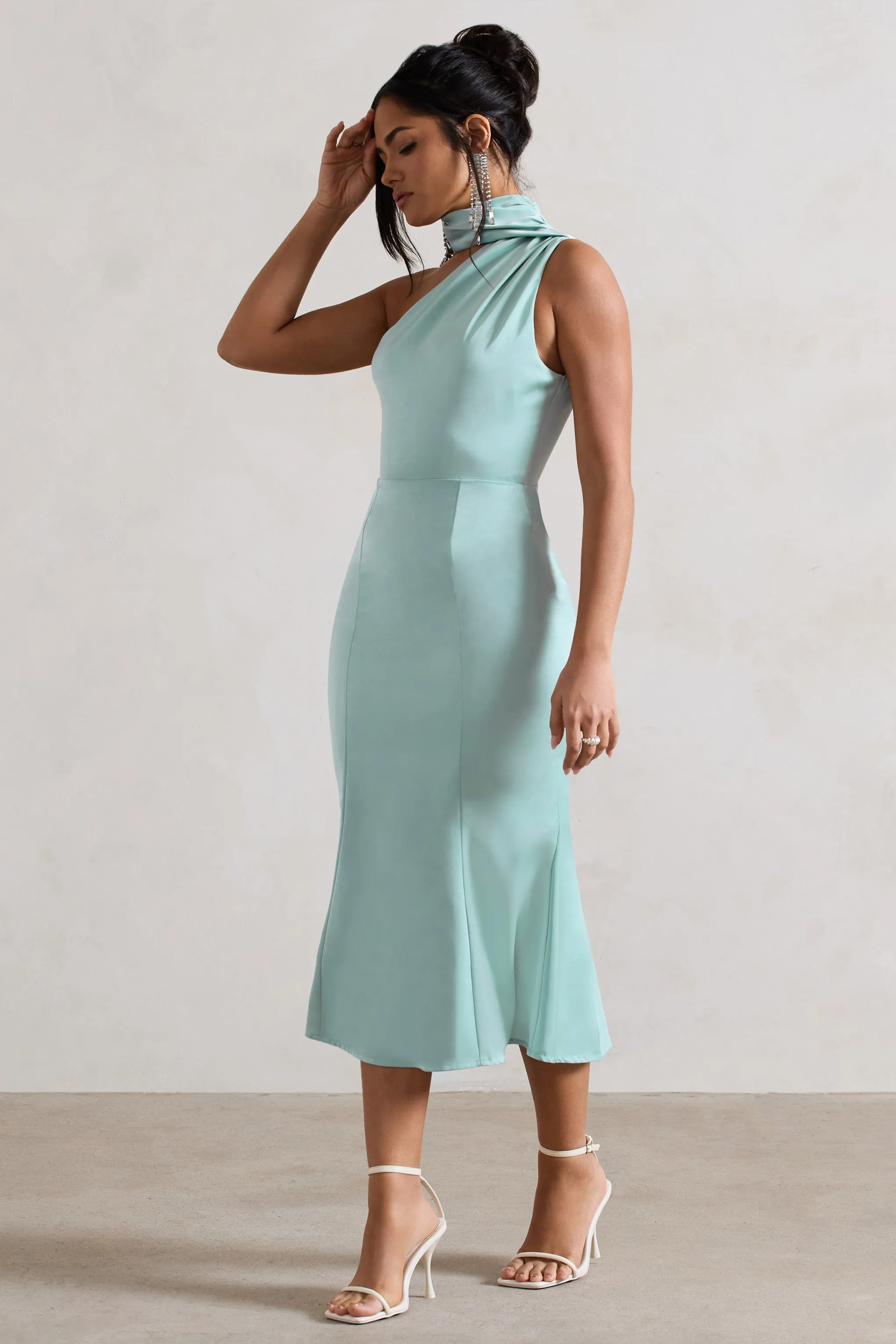 Golden Girl | Mint Satin One Shoulder High-Neck Flared Midi Dress sold by Club L London product image thumbnail 5