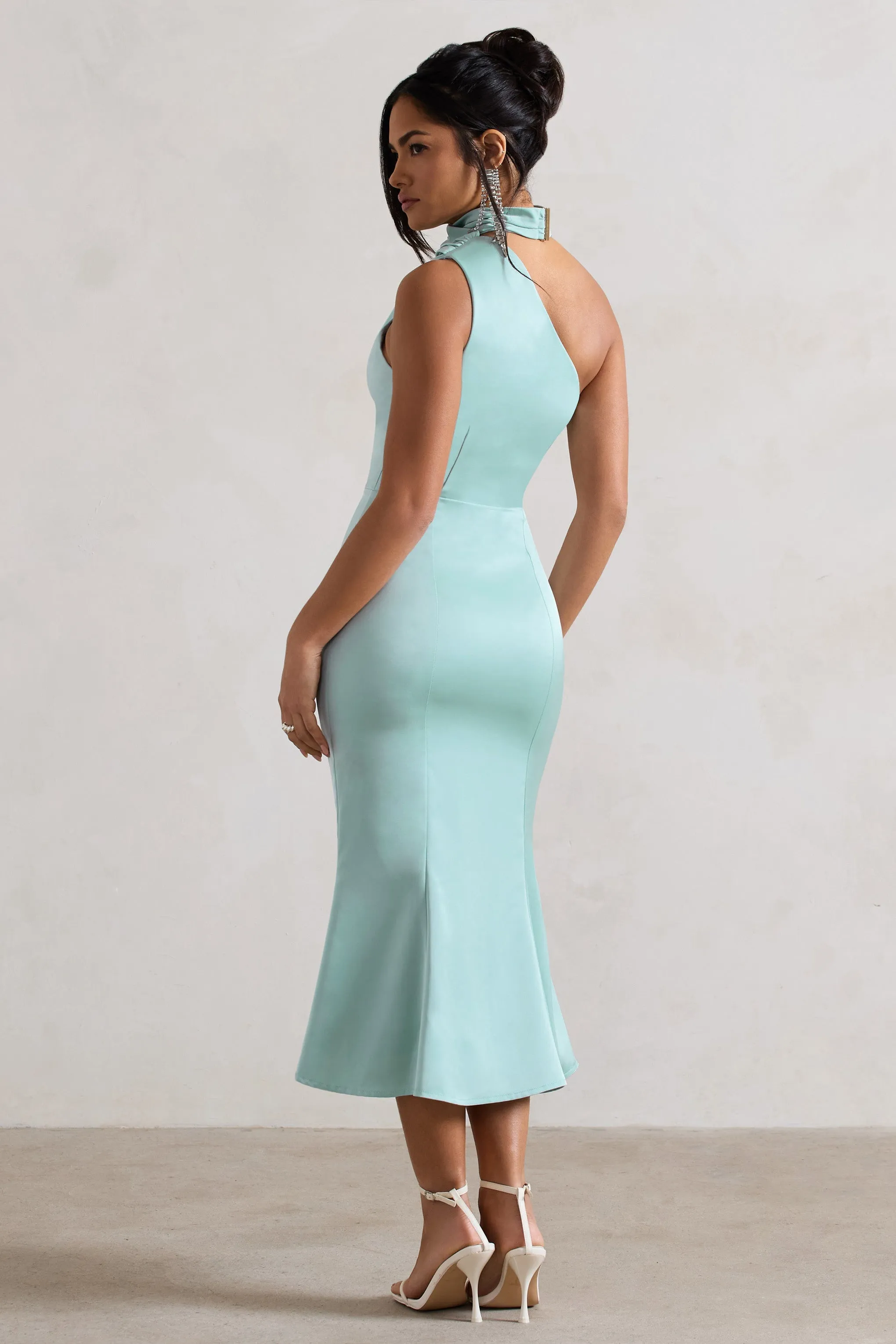 Golden Girl | Mint Satin One Shoulder High-Neck Flared Midi Dress sold by Club L London product image thumbnail 2
