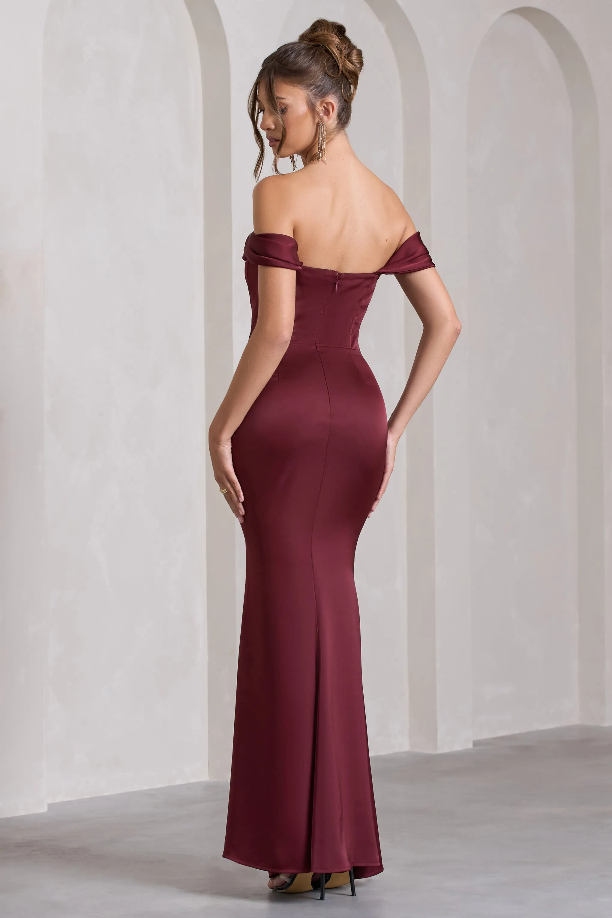 Kimberly | Burgundy Bardot Fishtail Satin Maxi Dress sold by Club L London product image thumbnail 2