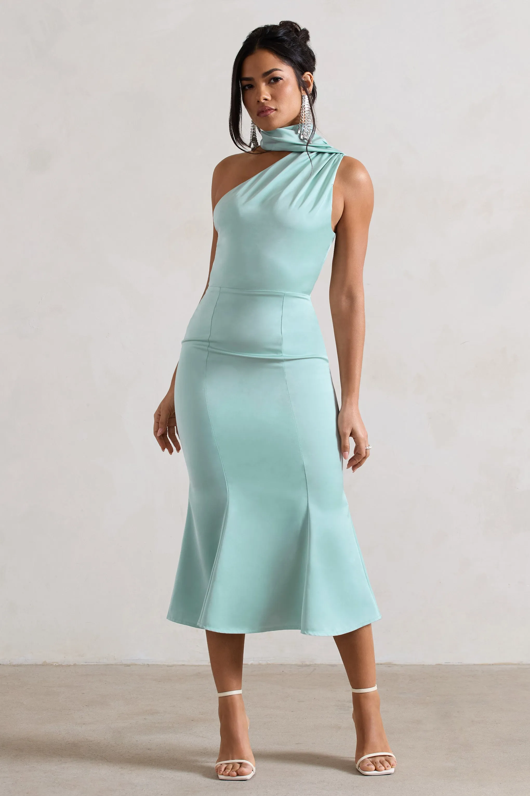 Golden Girl | Mint Satin One Shoulder High-Neck Flared Midi Dress sold by Club L London product image thumbnail 4