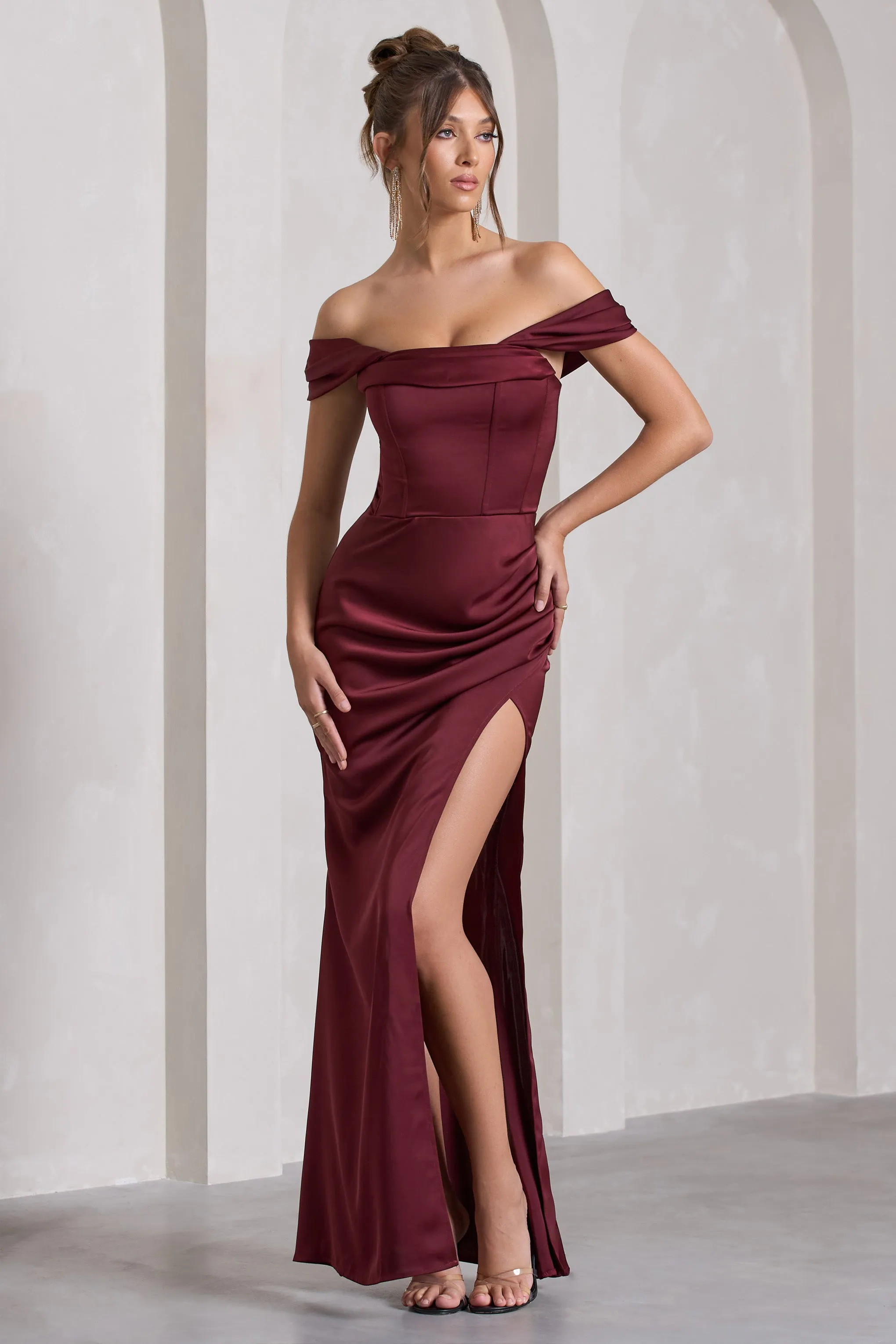 Kimberly | Burgundy Bardot Fishtail Satin Maxi Dress sold by Club L London product image thumbnail 5