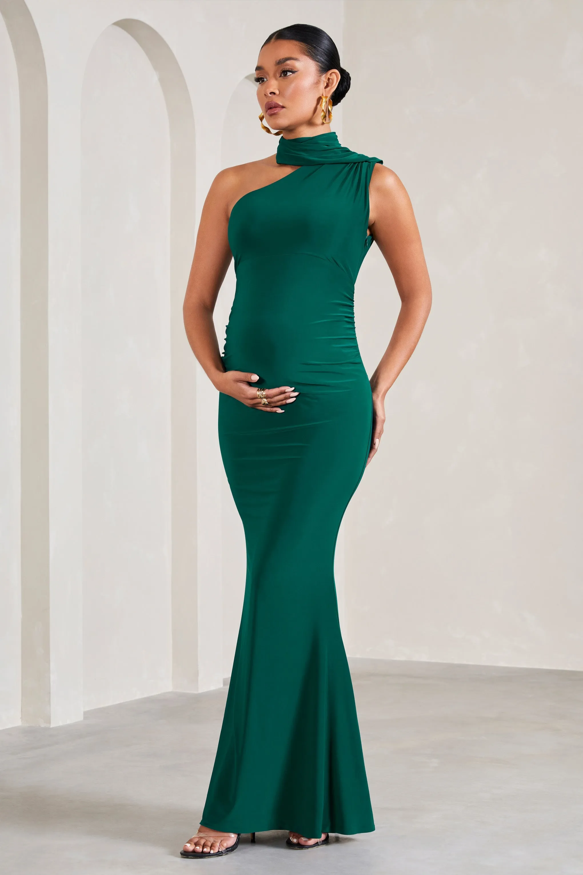 Sylvia | Bottle Green Ruched Asymmetric Maternity Maxi Dress With Wrap-Collar sold by Club L London product image thumbnail 3