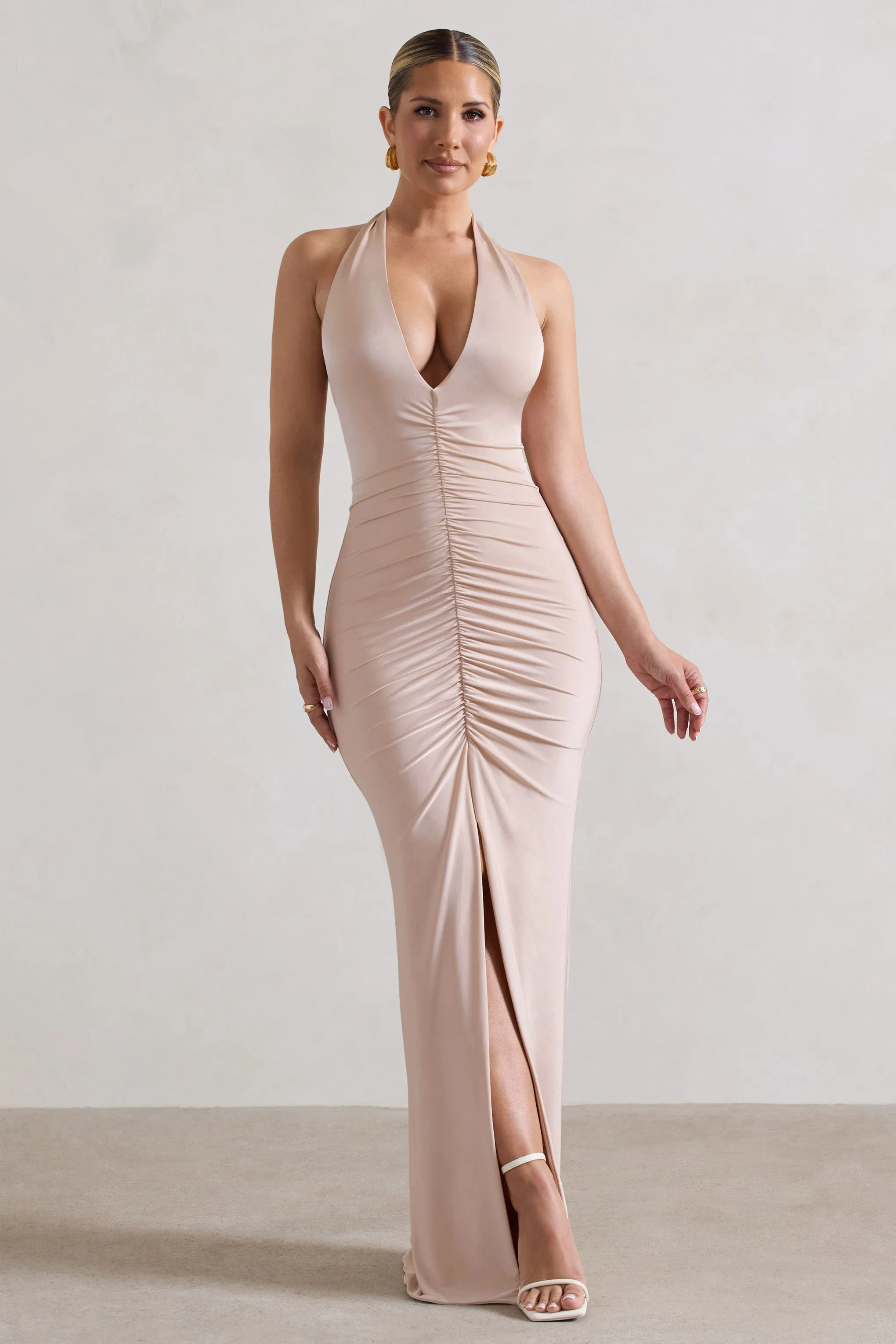 Rachel | Champagne Ruched Halter-Neck Split Maxi Dress sold by Club L London product image thumbnail 4