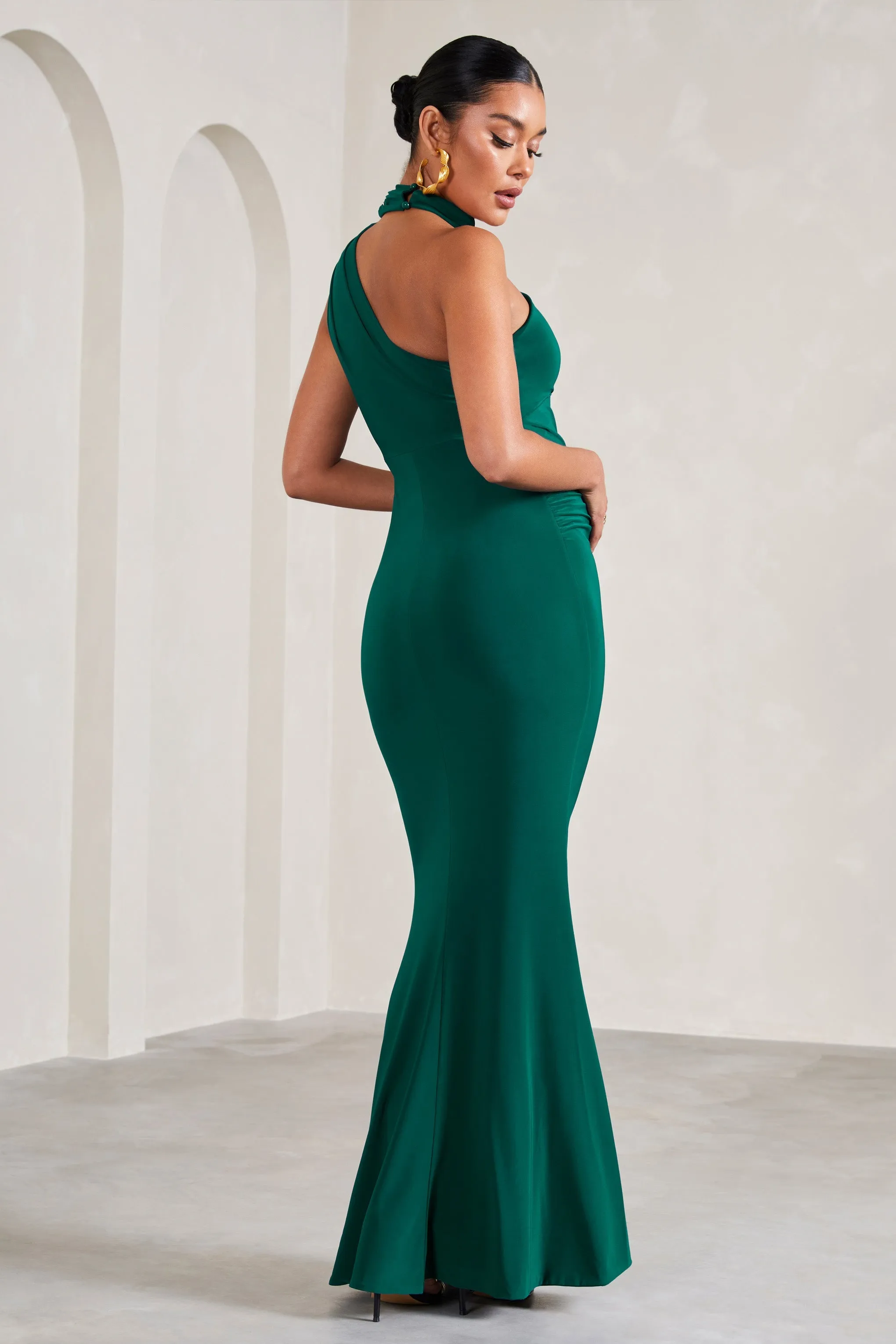 Sylvia | Bottle Green Ruched Asymmetric Maternity Maxi Dress With Wrap-Collar sold by Club L London product image thumbnail 2
