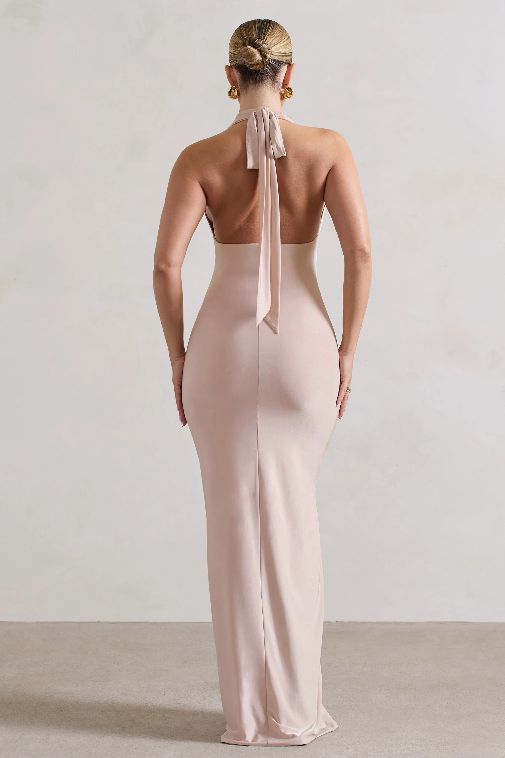 Rachel | Champagne Ruched Halter-Neck Split Maxi Dress sold by Club L London product image thumbnail 2