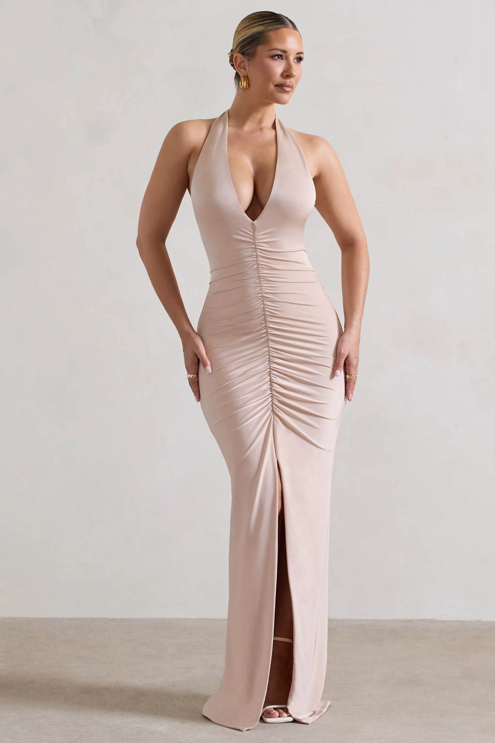 Rachel | Champagne Ruched Halter-Neck Split Maxi Dress sold by Club L London product image thumbnail 5