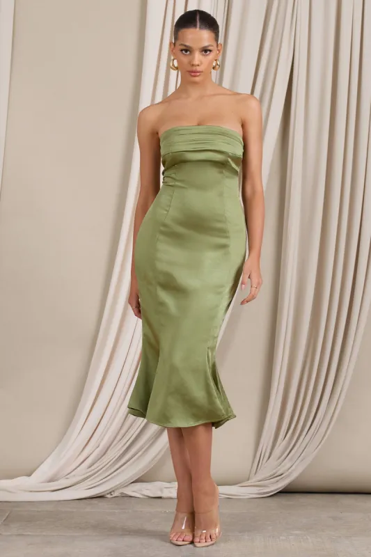 Sauvignon | Olive Satin Bandeau Midi Dress With Cowl Back sold by Club L London