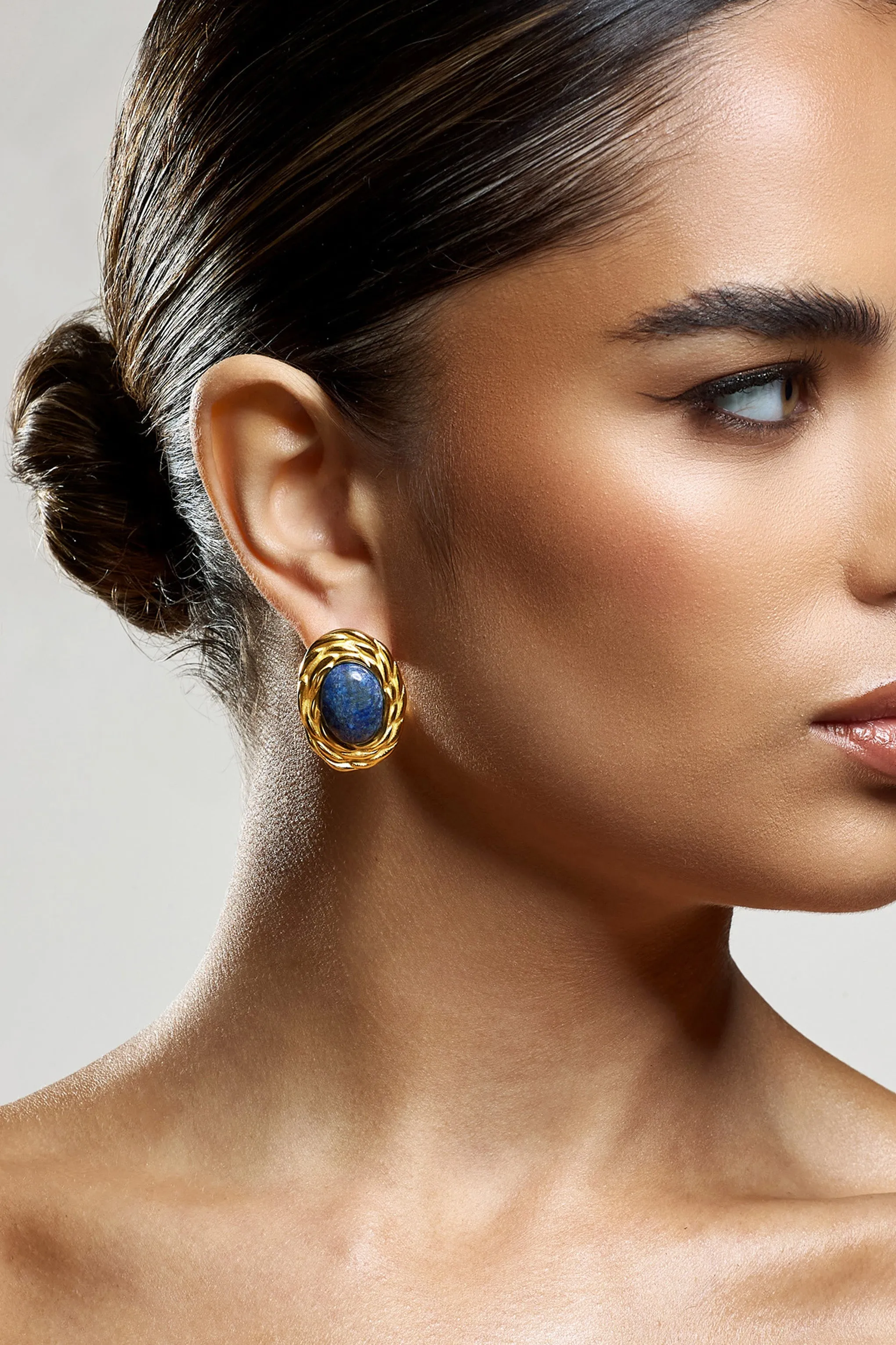 Essie | Blue Pendant Gold Earrings sold by Club L London