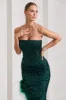 Emulate | Bottle Green Sequin Asymmetric Bandeau Maxi Dress With Feathers sold by Club L London