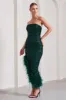 Emulate | Bottle Green Sequin Asymmetric Bandeau Maxi Dress With Feathers sold by Club L London