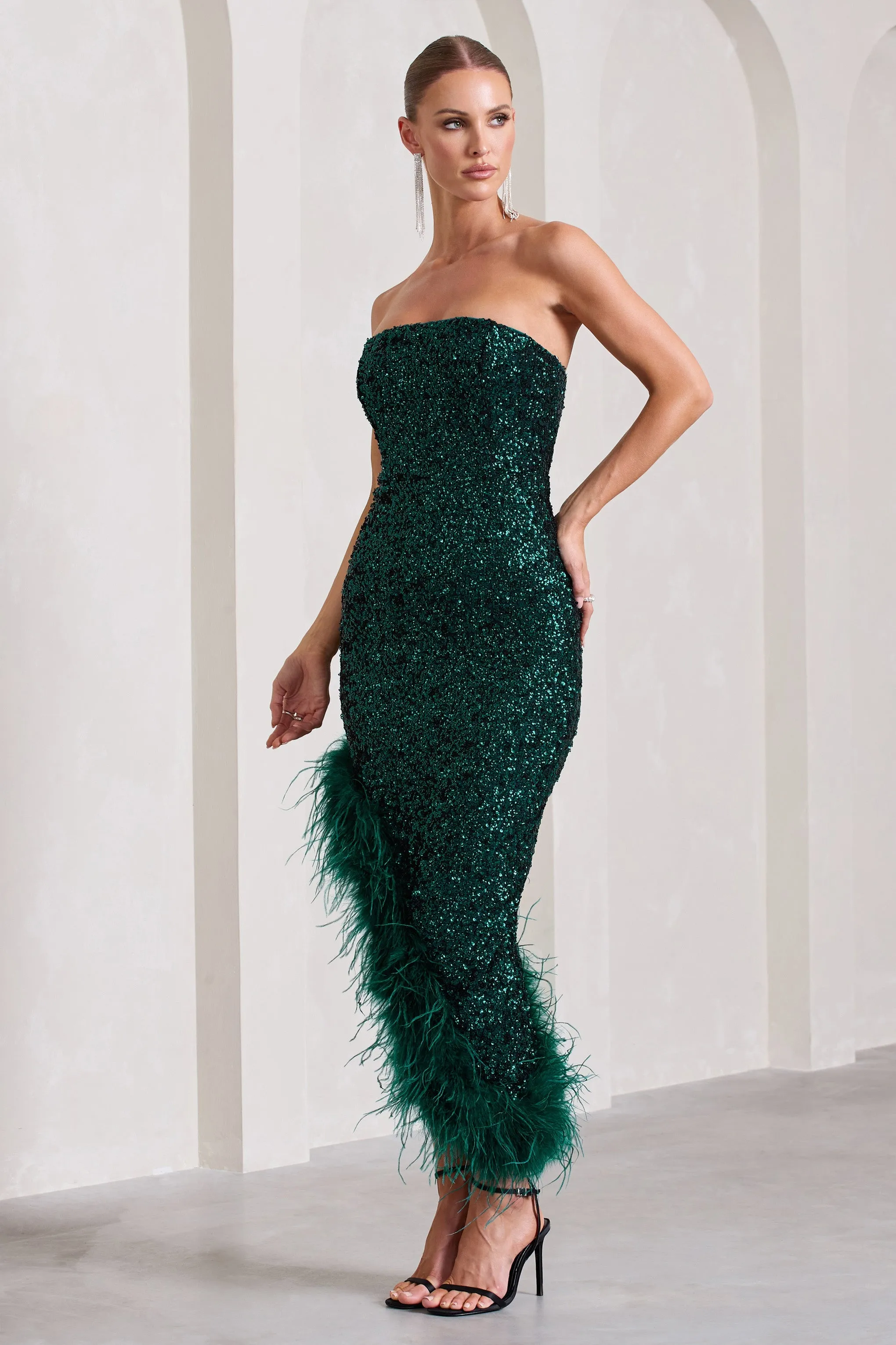 Emulate | Bottle Green Sequin Asymmetric Bandeau Maxi Dress With Feathers sold by Club L London product image thumbnail 5