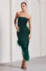 Emulate | Bottle Green Sequin Asymmetric Bandeau Maxi Dress With Feathers sold by Club L London