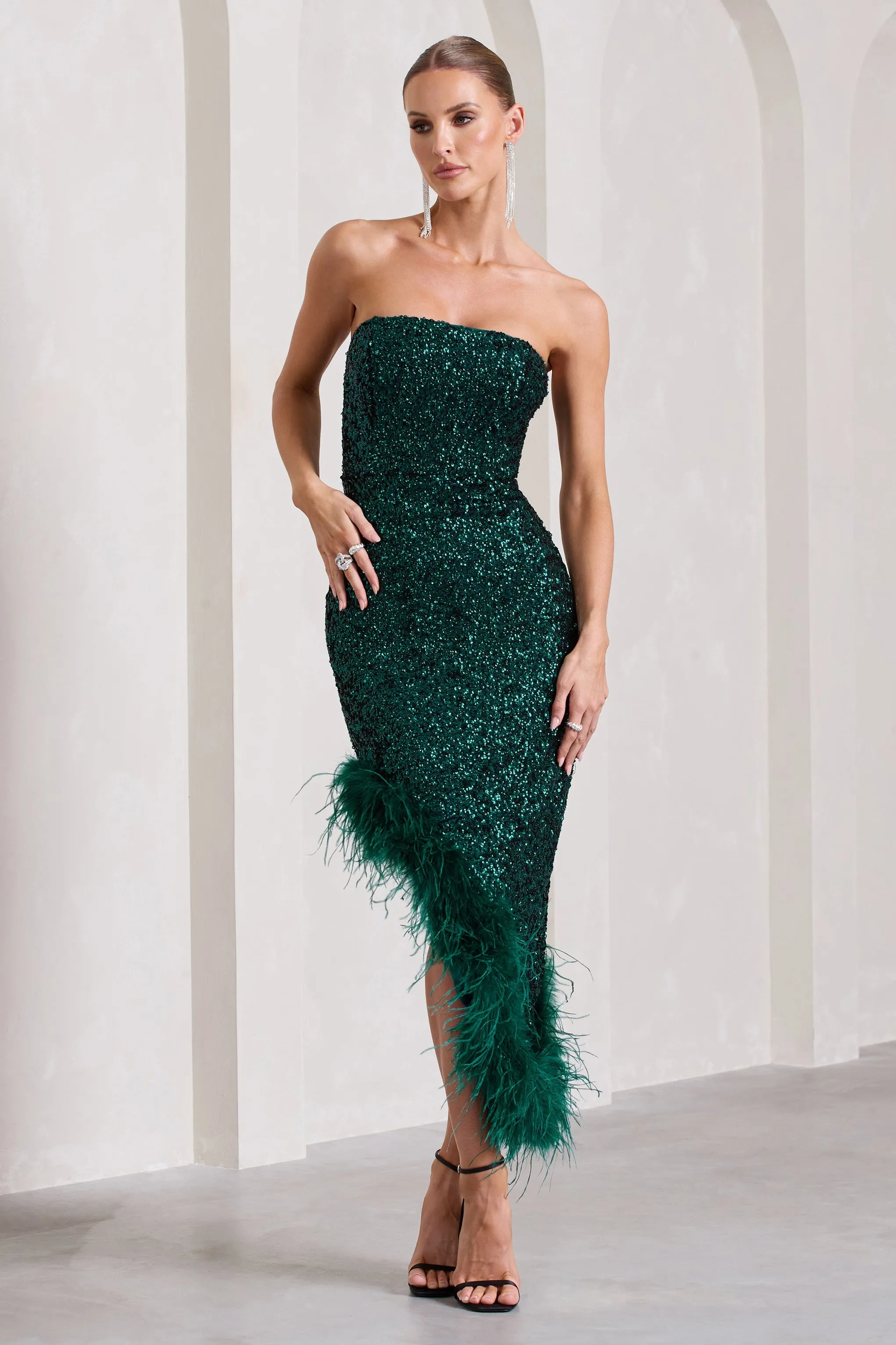 Emulate | Bottle Green Sequin Asymmetric Bandeau Maxi Dress With Feathers sold by Club L London product image thumbnail 4