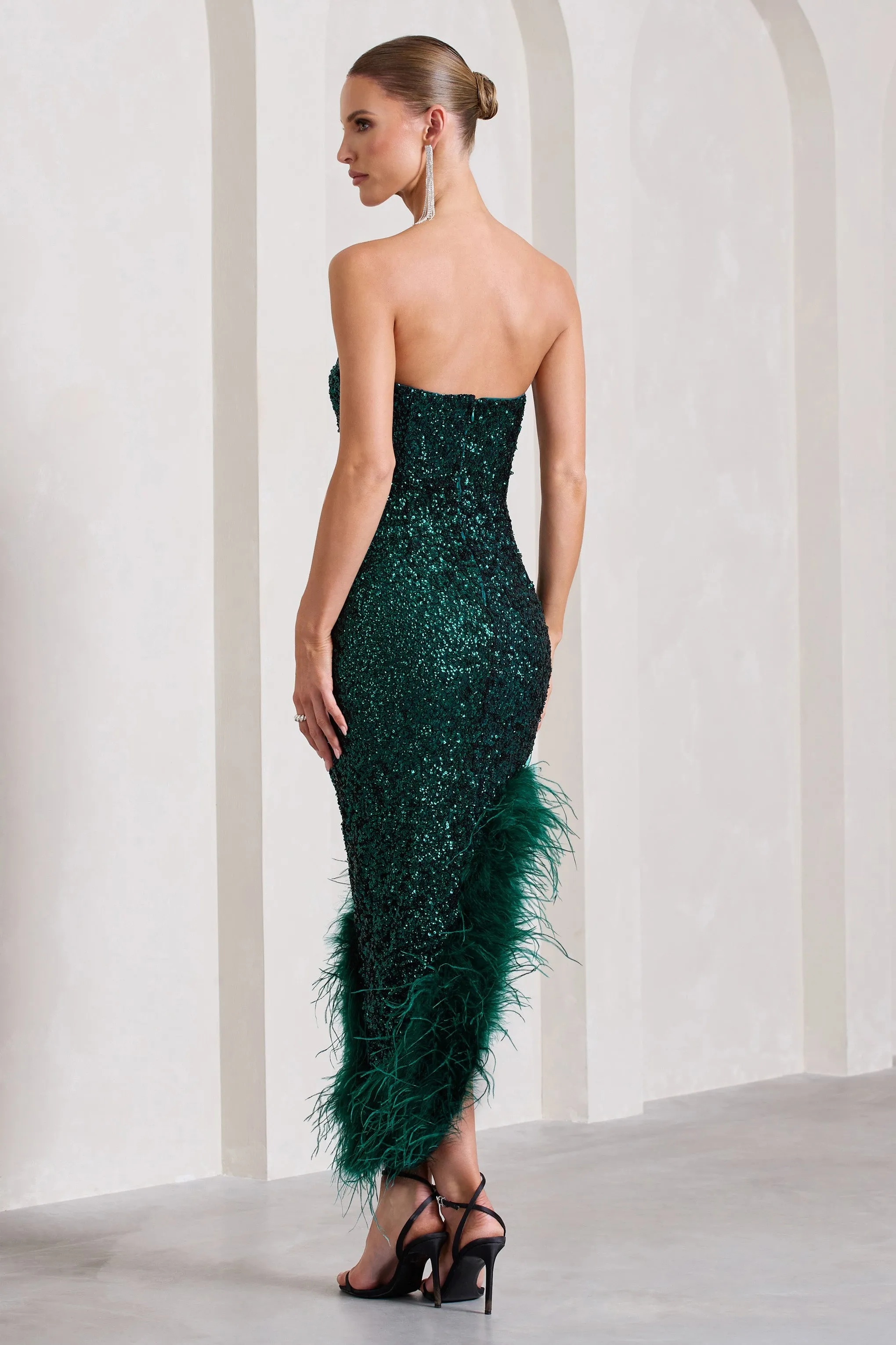Emulate | Bottle Green Sequin Asymmetric Bandeau Maxi Dress With Feathers sold by Club L London product image thumbnail 2