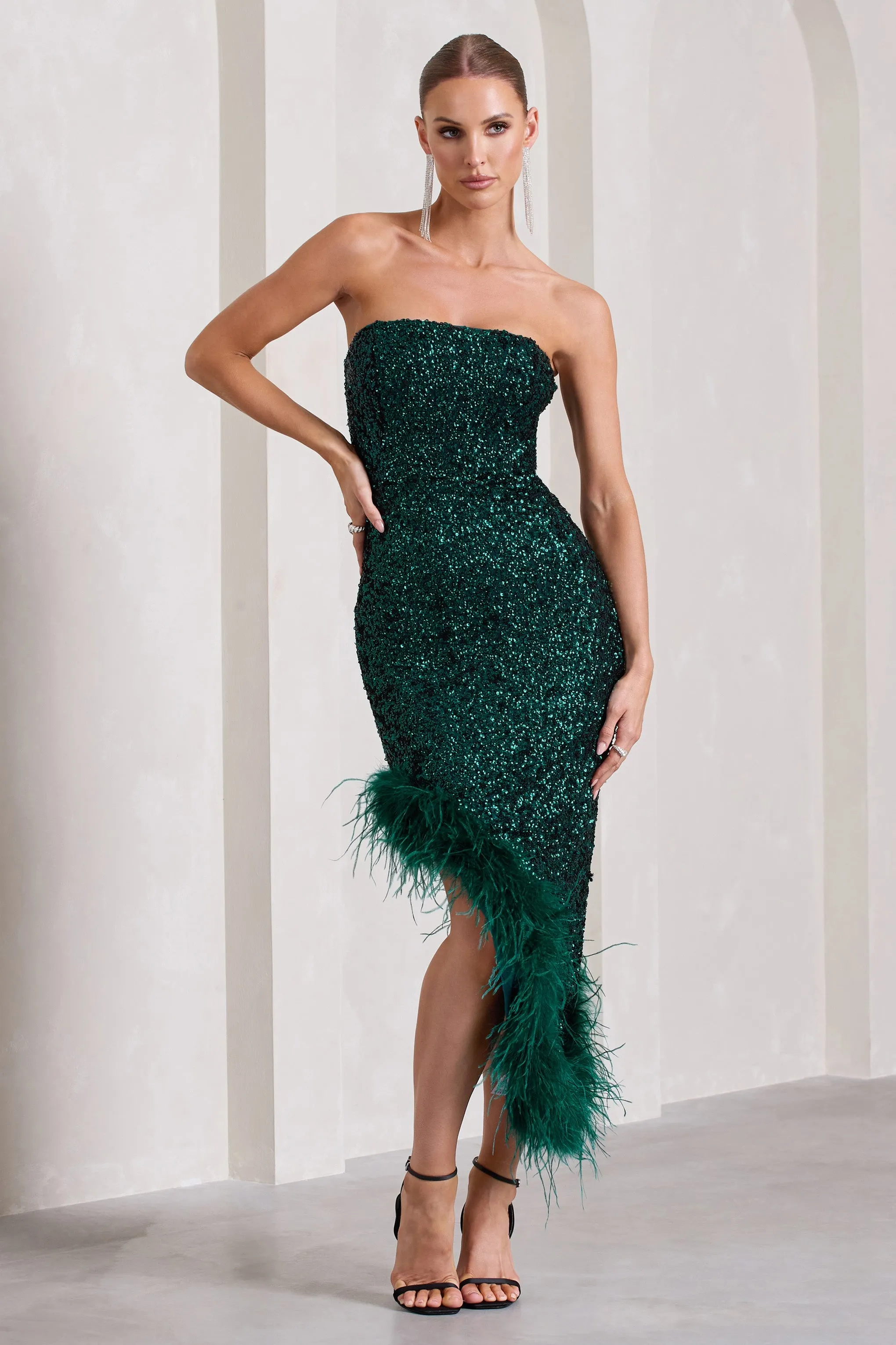 Emulate | Bottle Green Sequin Asymmetric Bandeau Maxi Dress With Feathers sold by Club L London