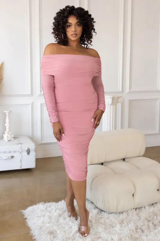 Only You | Plus Nude Bardot Ruched Mesh Midi Dress sold by Club L London