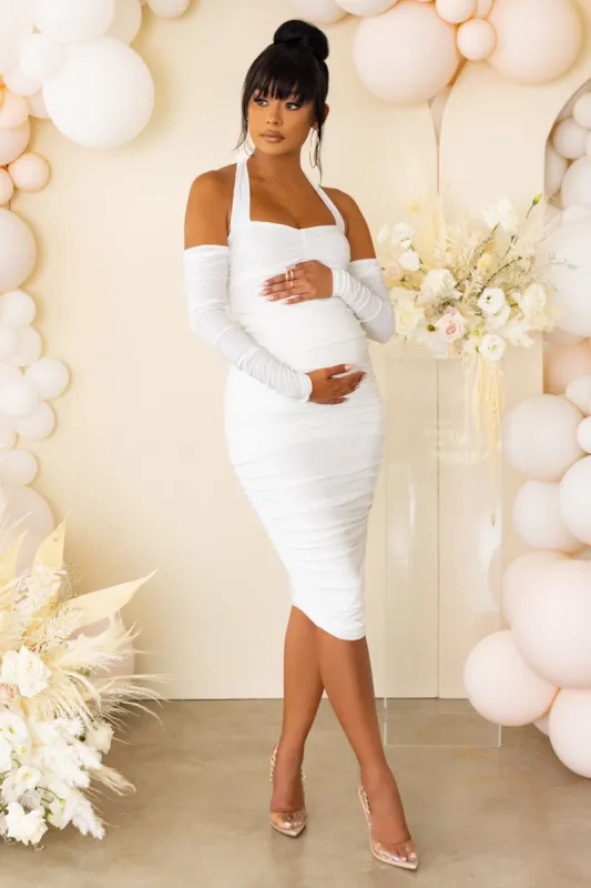 Special Delivery | White Maternity Ruched Halterneck Midi Dress sold by Club L London