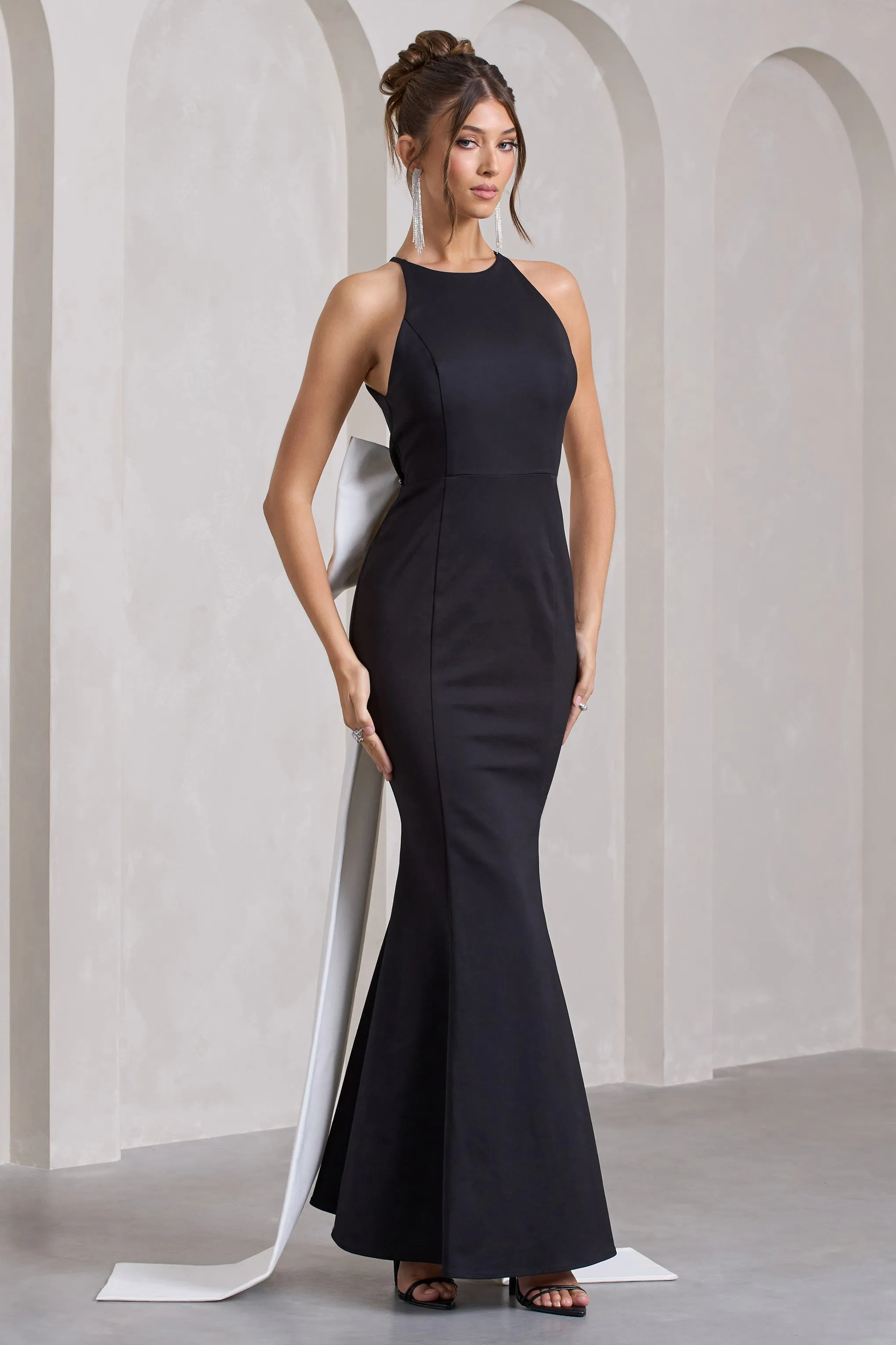 Bestow | Black Open-Back Maxi Dress With Oversized White Bow sold by Club L London product image thumbnail 5