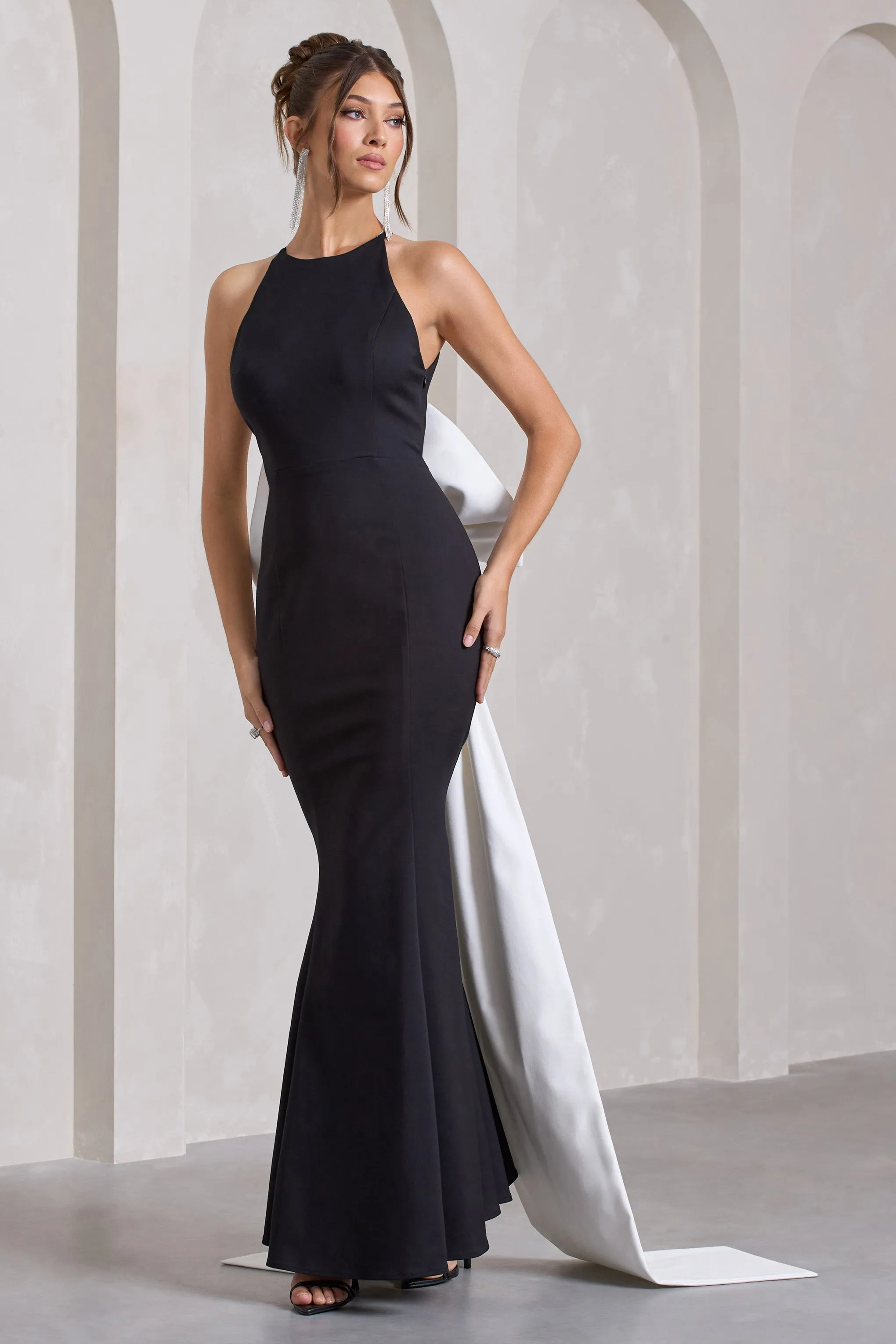 Bestow | Black Open-Back Maxi Dress With Oversized White Bow sold by Club L London product image thumbnail 2