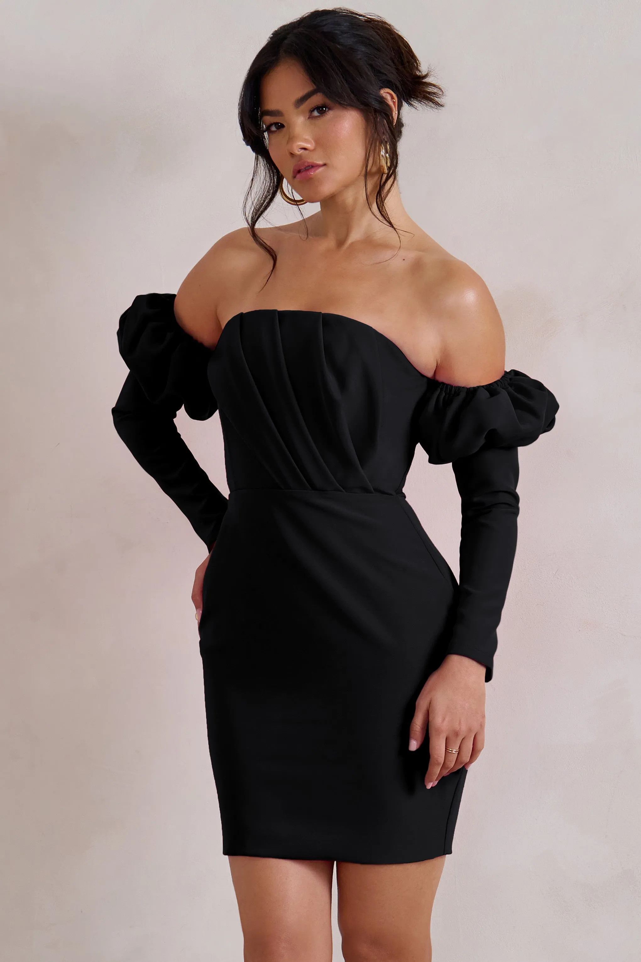 Laurie | Black Bardot Puff Long Sleeve Mini Dress sold by Club L London product image thumbnail 4