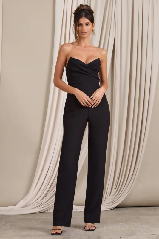 Bellezza | Black Bandeau Corset Wide Leg Jumpsuit sold by Club L London