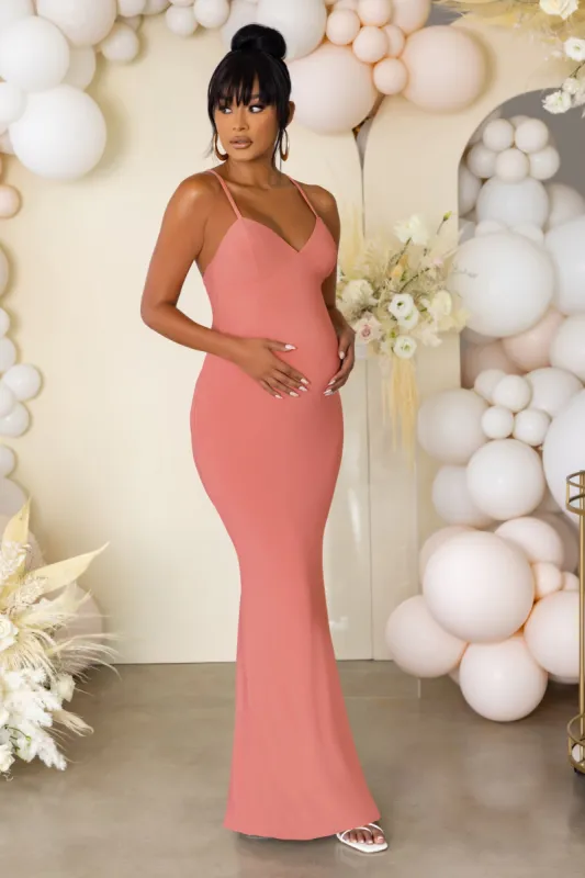 Tender Caress | Dusty Rose Maternity Cross Back Maxi Dress sold by Club L London