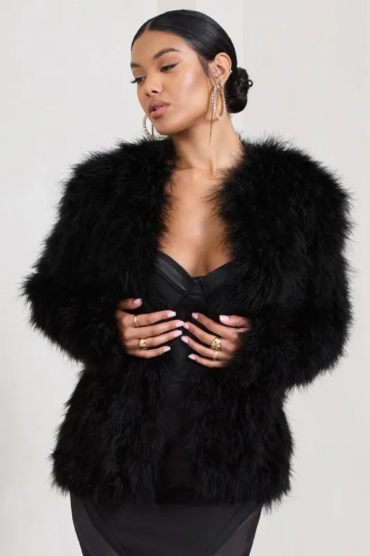 Aves | Black Short Fluffy Feather Jacket sold by Club L London