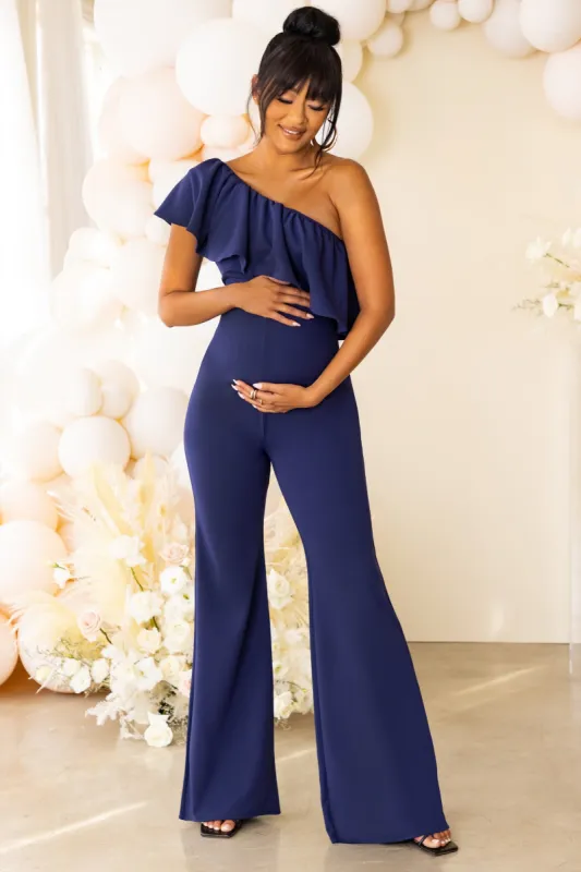 The Sweetest Gift | Navy Maternity One Shoulder Ruffle Jumpsuit sold by Club L London