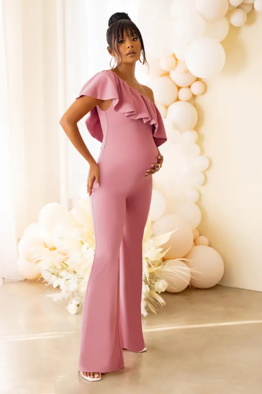 The Sweetest Gift | Dusty Rose Maternity One Shoulder Ruffle Jumpsuit sold by Club L London