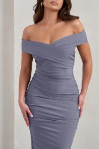 Apolline | Grey Off The Shoulder Ruched Fishtail Maxi Dress sold by Club L London