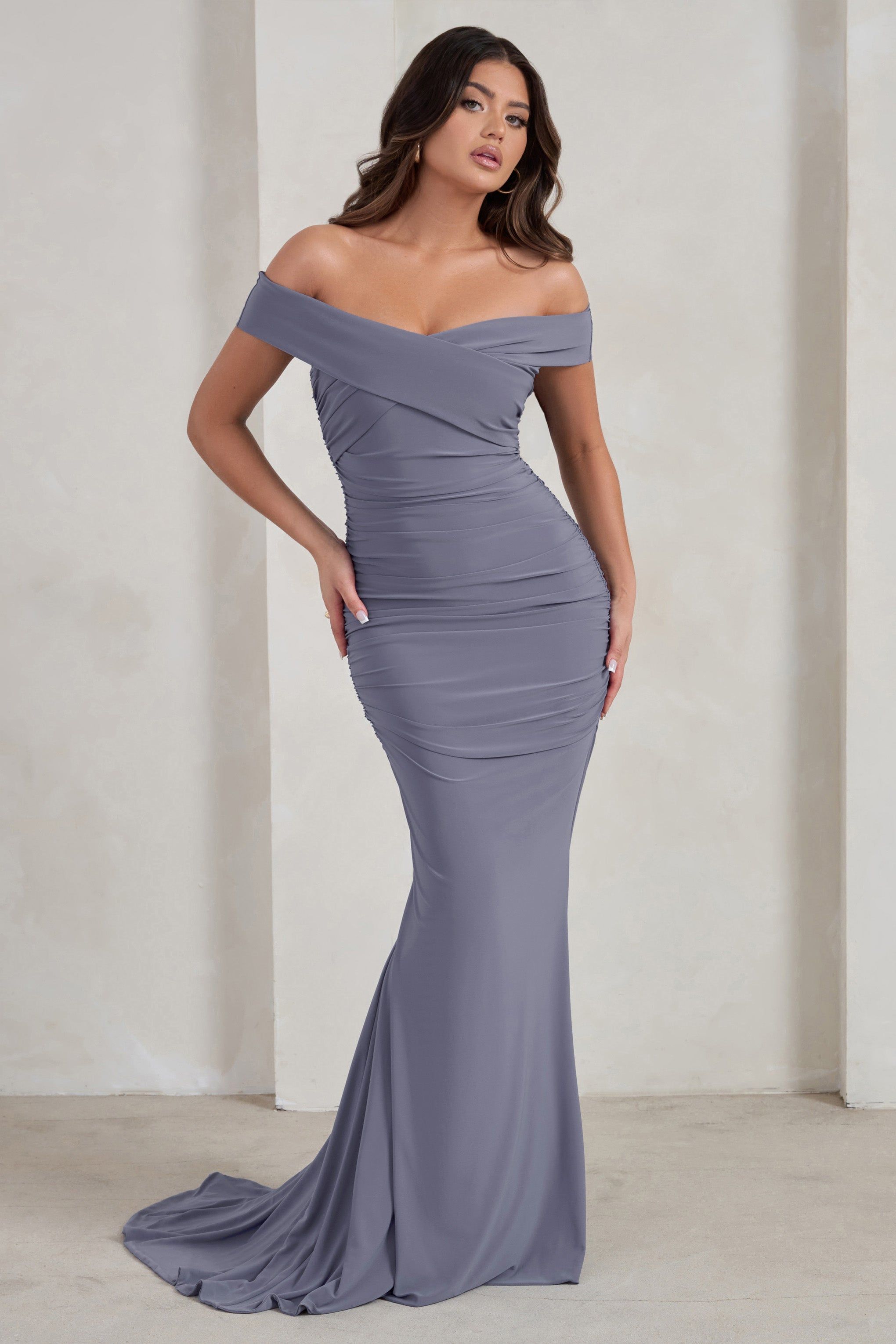 Apolline | Grey Off The Shoulder Ruched Fishtail Maxi Dress sold by Club L London