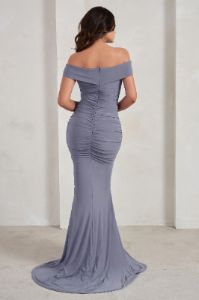 Apolline | Grey Off The Shoulder Ruched Fishtail Maxi Dress sold by Club L London