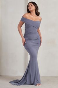 Apolline | Grey Off The Shoulder Ruched Fishtail Maxi Dress sold by Club L London