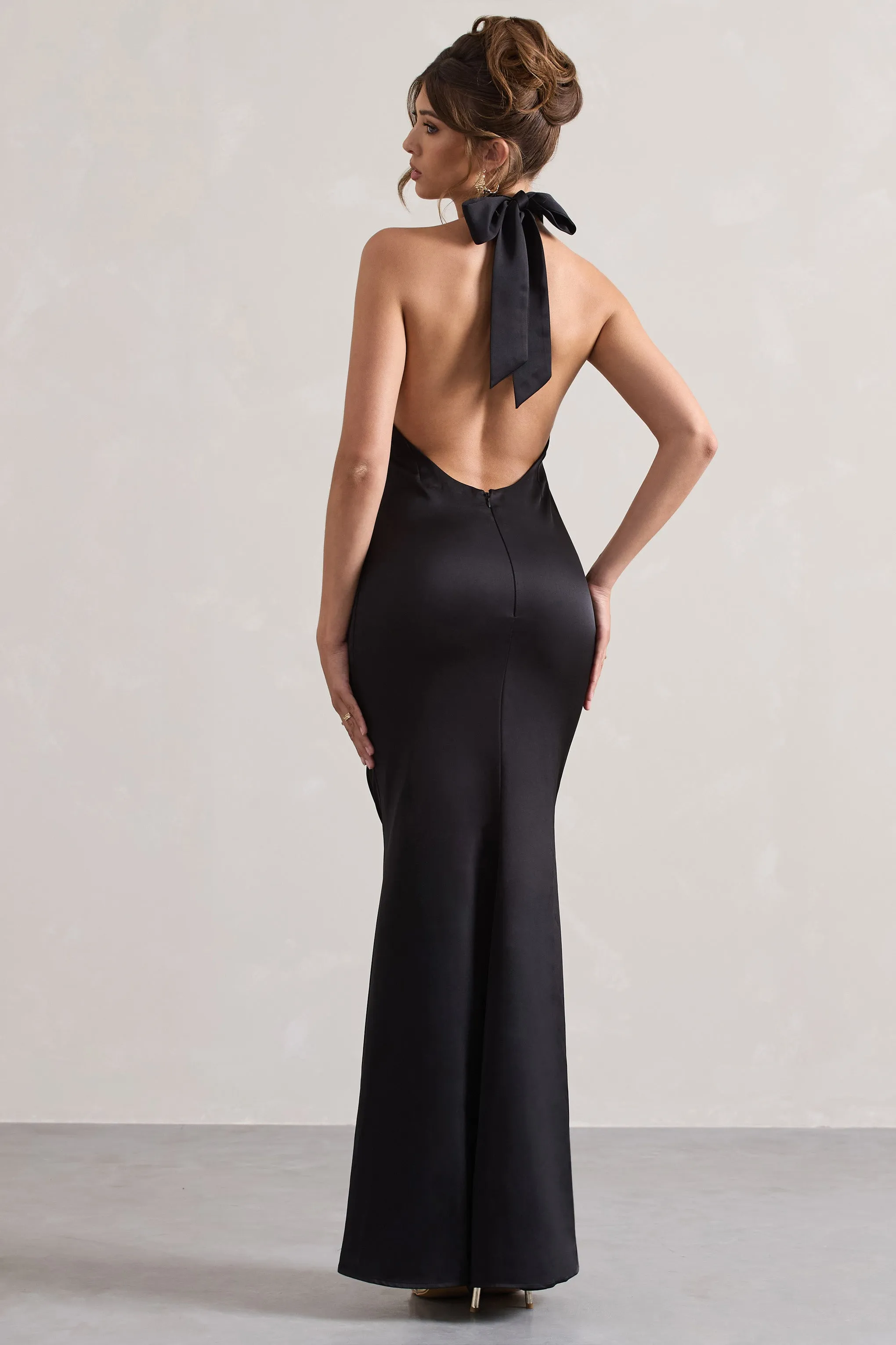 Unbeatable | Black Satin Cross Over Halter-Neck Maxi Dress sold by Club L London product image thumbnail 2