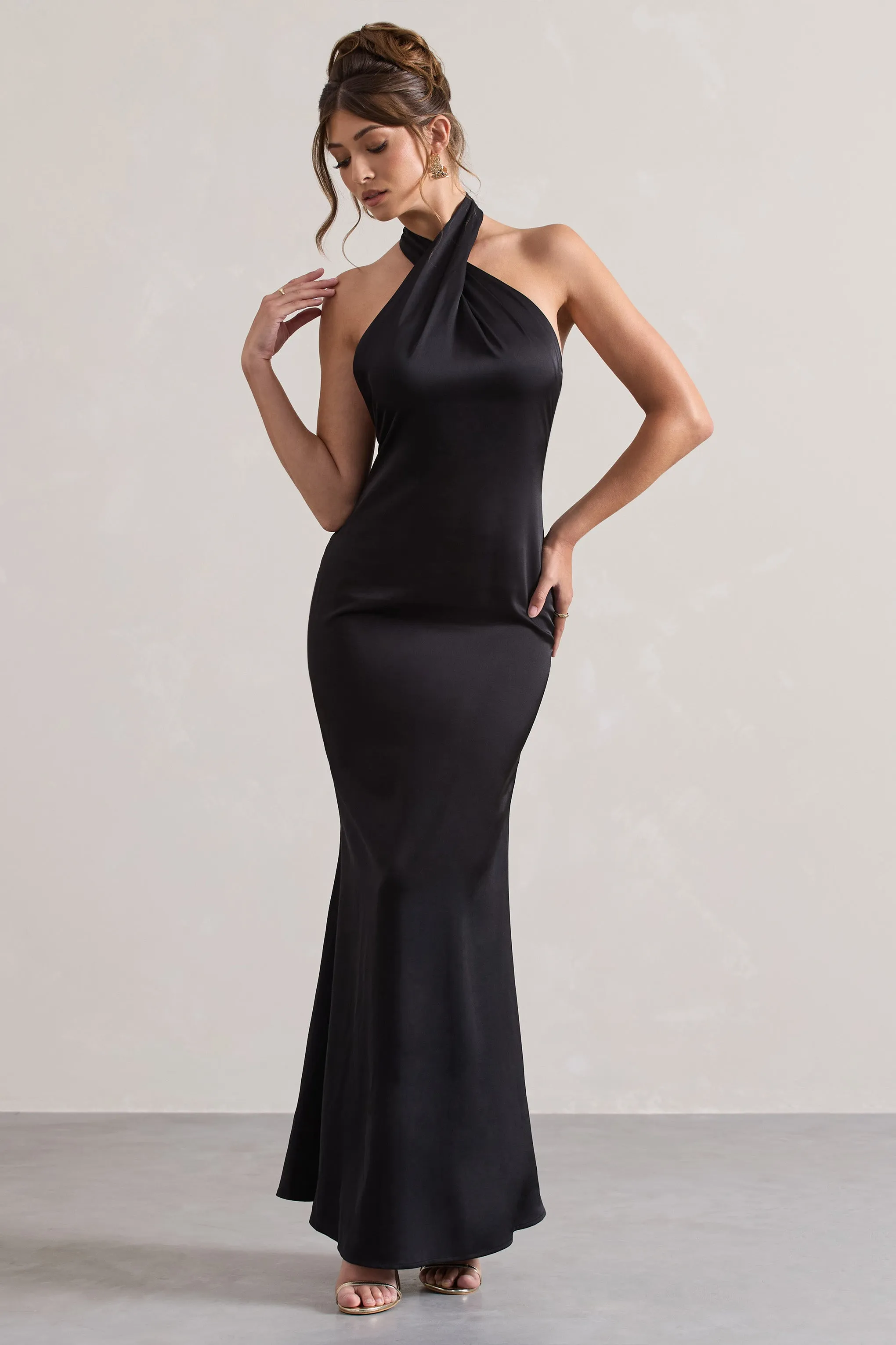Unbeatable | Black Satin Cross Over Halter-Neck Maxi Dress sold by Club L London product image thumbnail 4