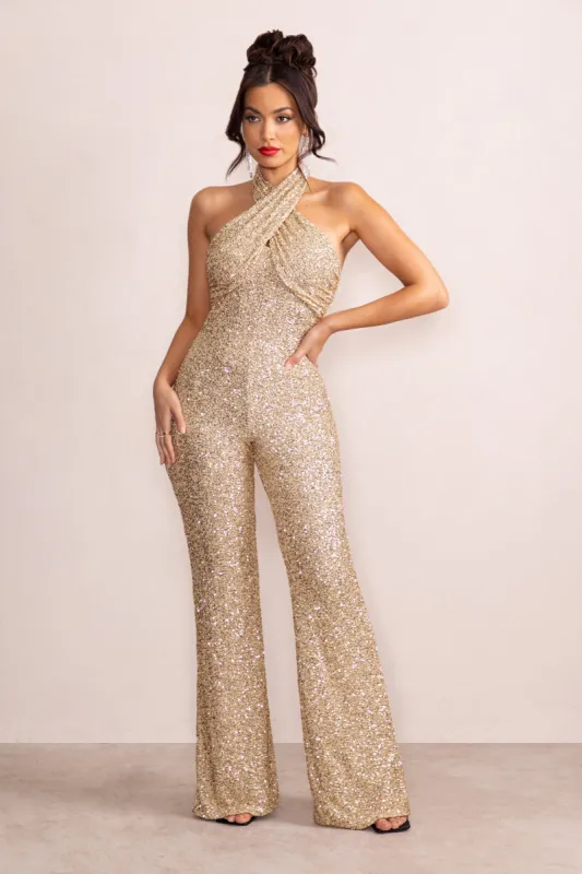 Josie | Champagne Sequin Halter Neck Flare Jumpsuit sold by Club L London