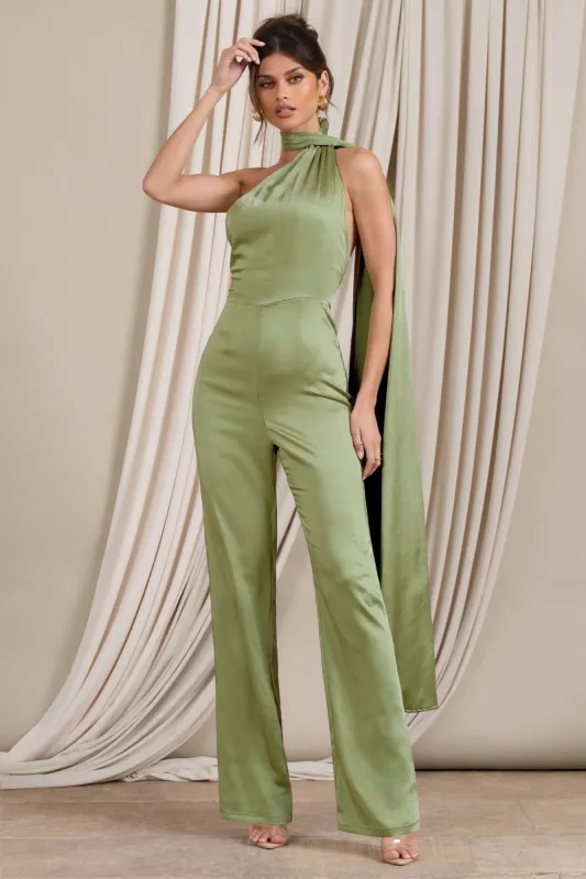 Cascada | Olive Green Satin Wide Leg Jumpsuit With Statement Scarf Neck sold by Club L London