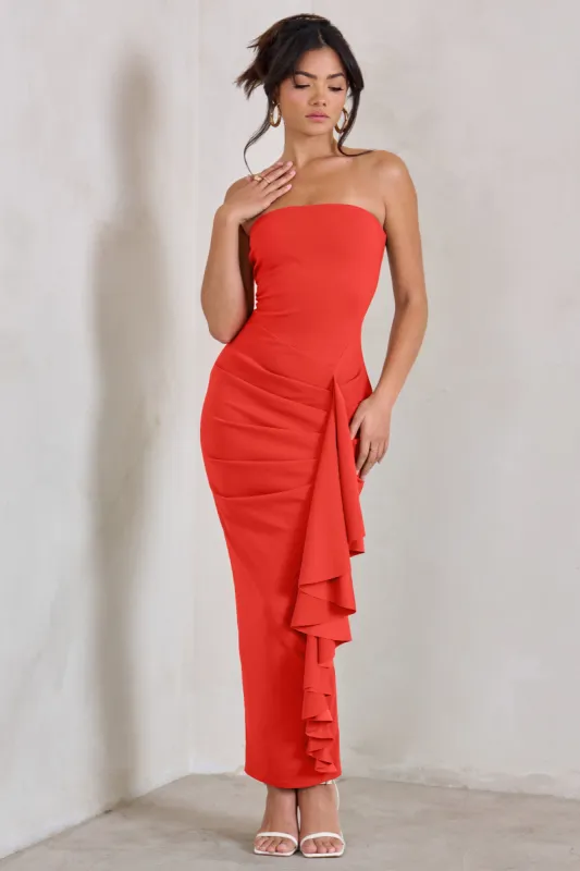 Fleur | Coral Bandeau Ruffle Maxi Dress sold by Club L London
