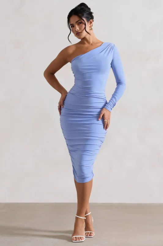In The Shadows | Coastline Blue One Sleeve Midi Dress With Ruching sold by Club L London