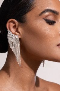 Belinda | Silver Ear Cuff Tassel Diamante Earrings sold by Club L London