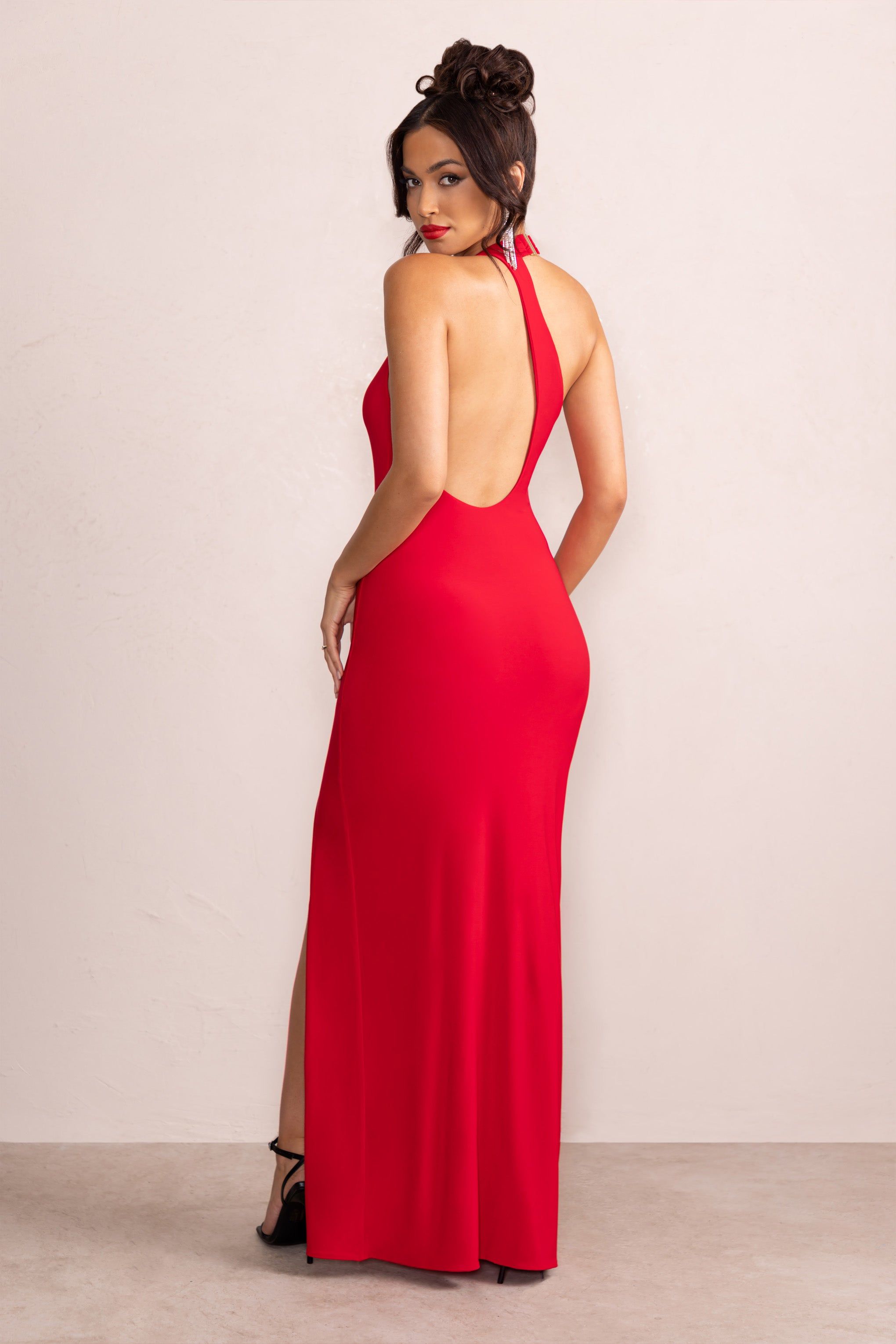 Ines | Red Plunge Neck Sculptured Back Maxi Dress sold by Club L London product image thumbnail 2