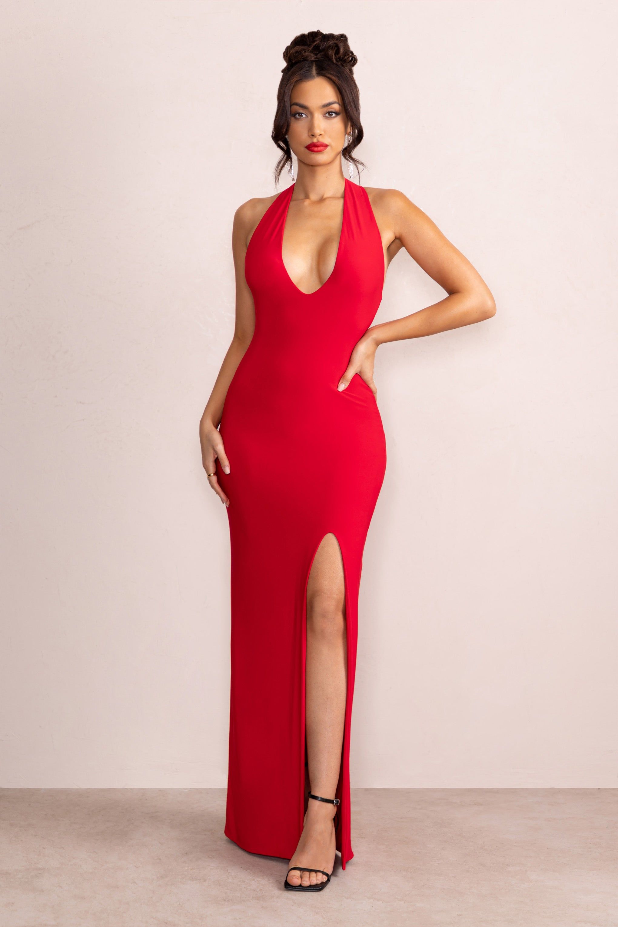 Ines | Red Plunge Neck Sculptured Back Maxi Dress sold by Club L London