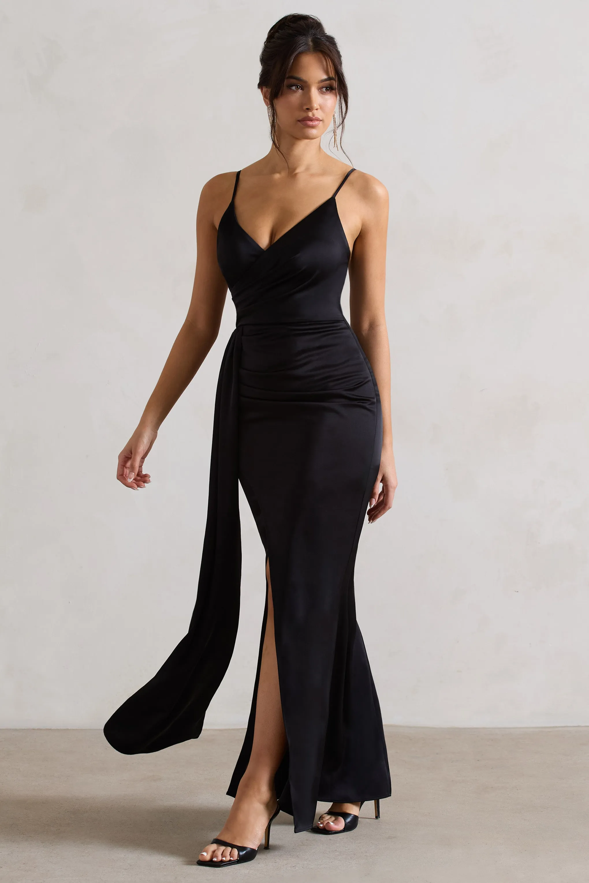Soraya | Black Satin V-Neck Split Maxi Dress With Drape sold by Club L London product image thumbnail 4