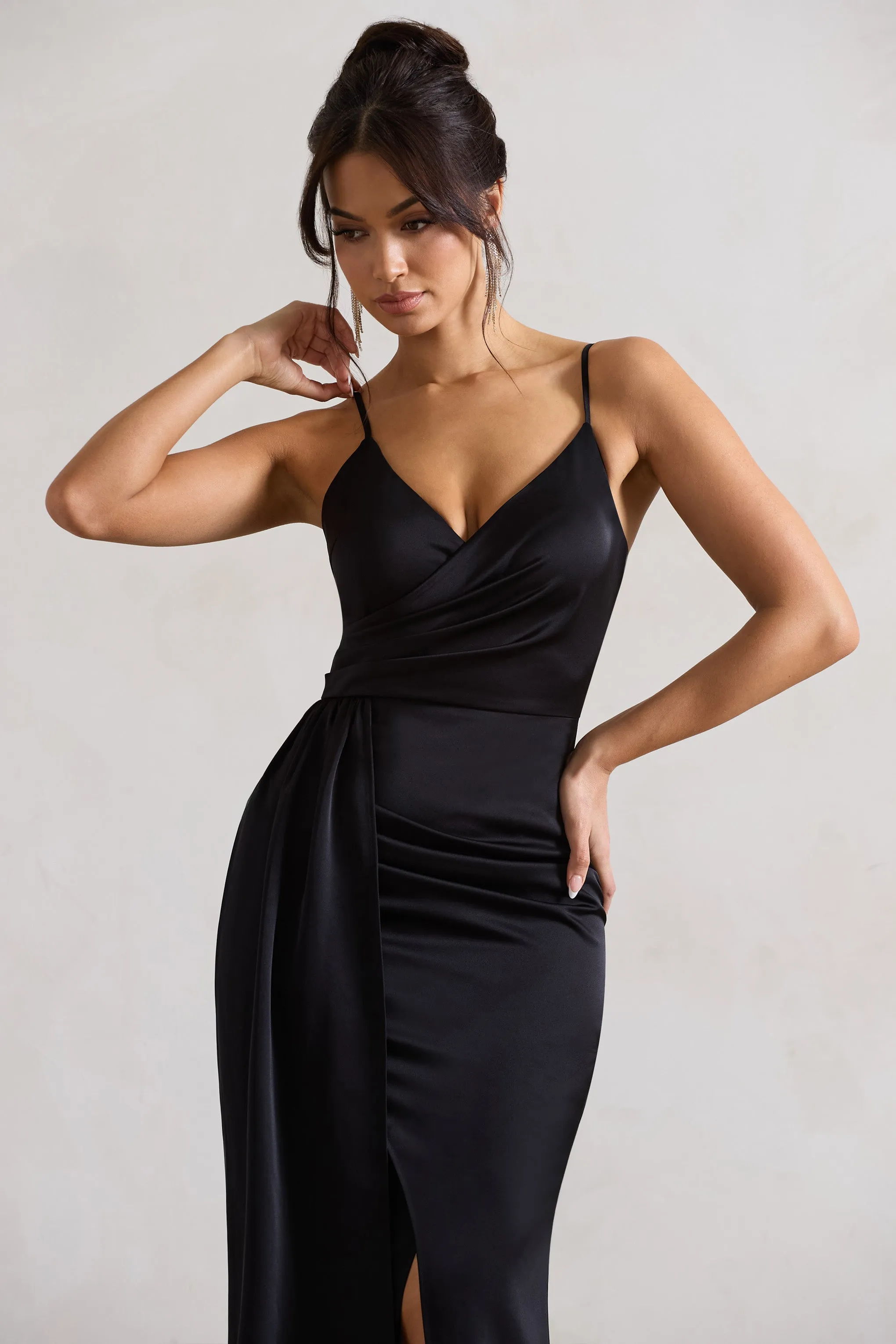 Soraya | Black Satin V-Neck Split Maxi Dress With Drape sold by Club L London product image thumbnail 3