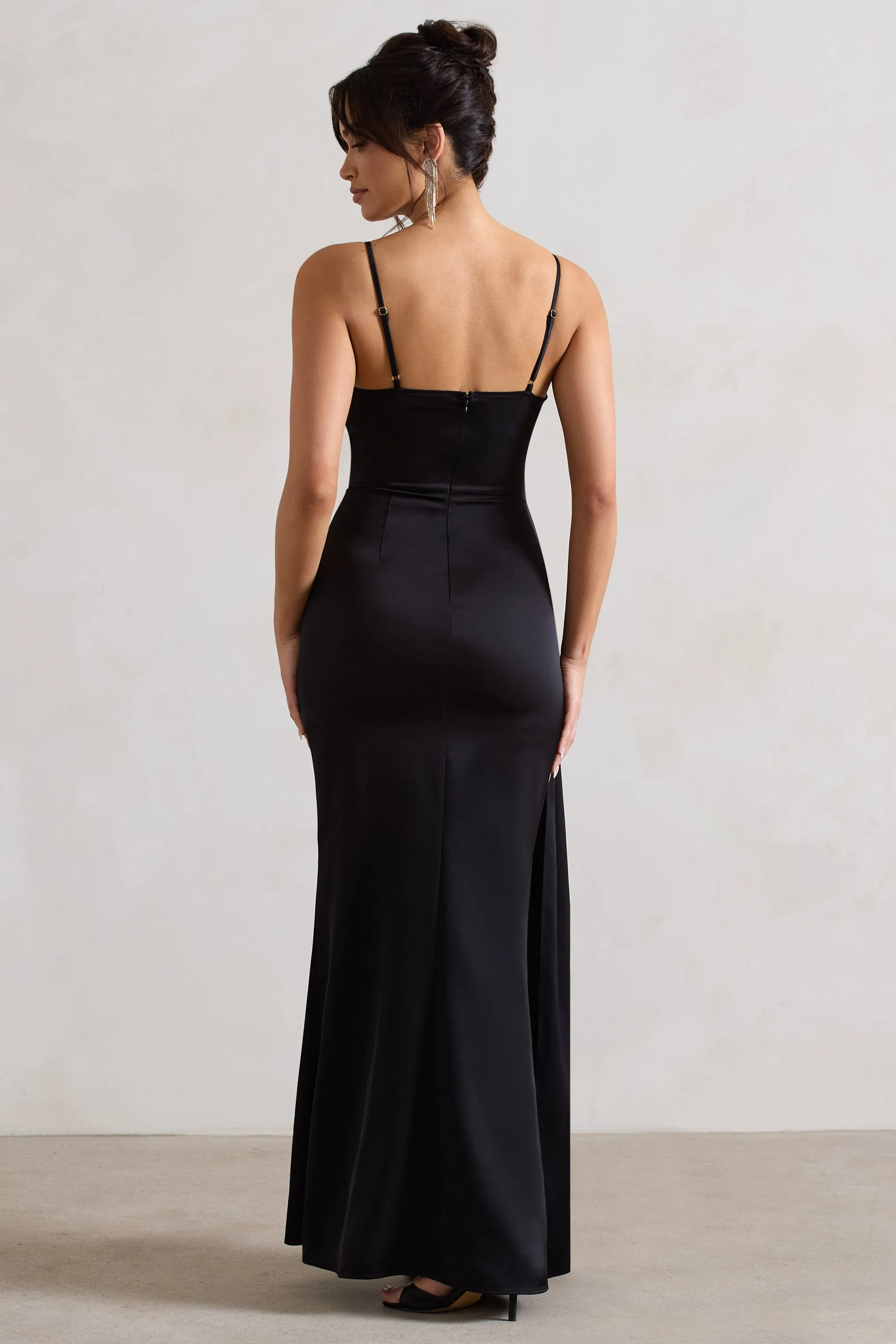 Soraya | Black Satin V-Neck Split Maxi Dress With Drape sold by Club L London product image thumbnail 2