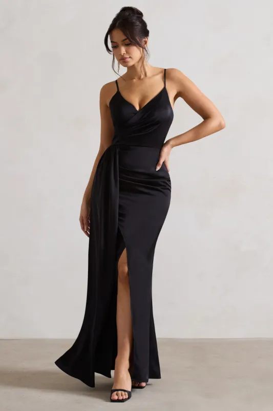 Soraya | Black Satin V-Neck Split Maxi Dress With Drape made by Club L London